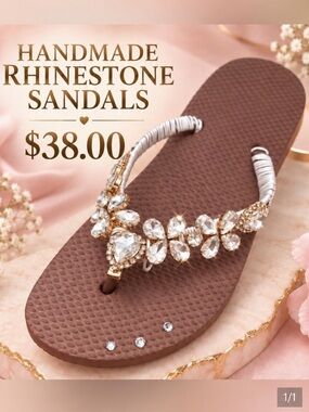🩷. S-46.  Handmade Rhinestone Brown Flip Flop Sandals with Crystal Accents